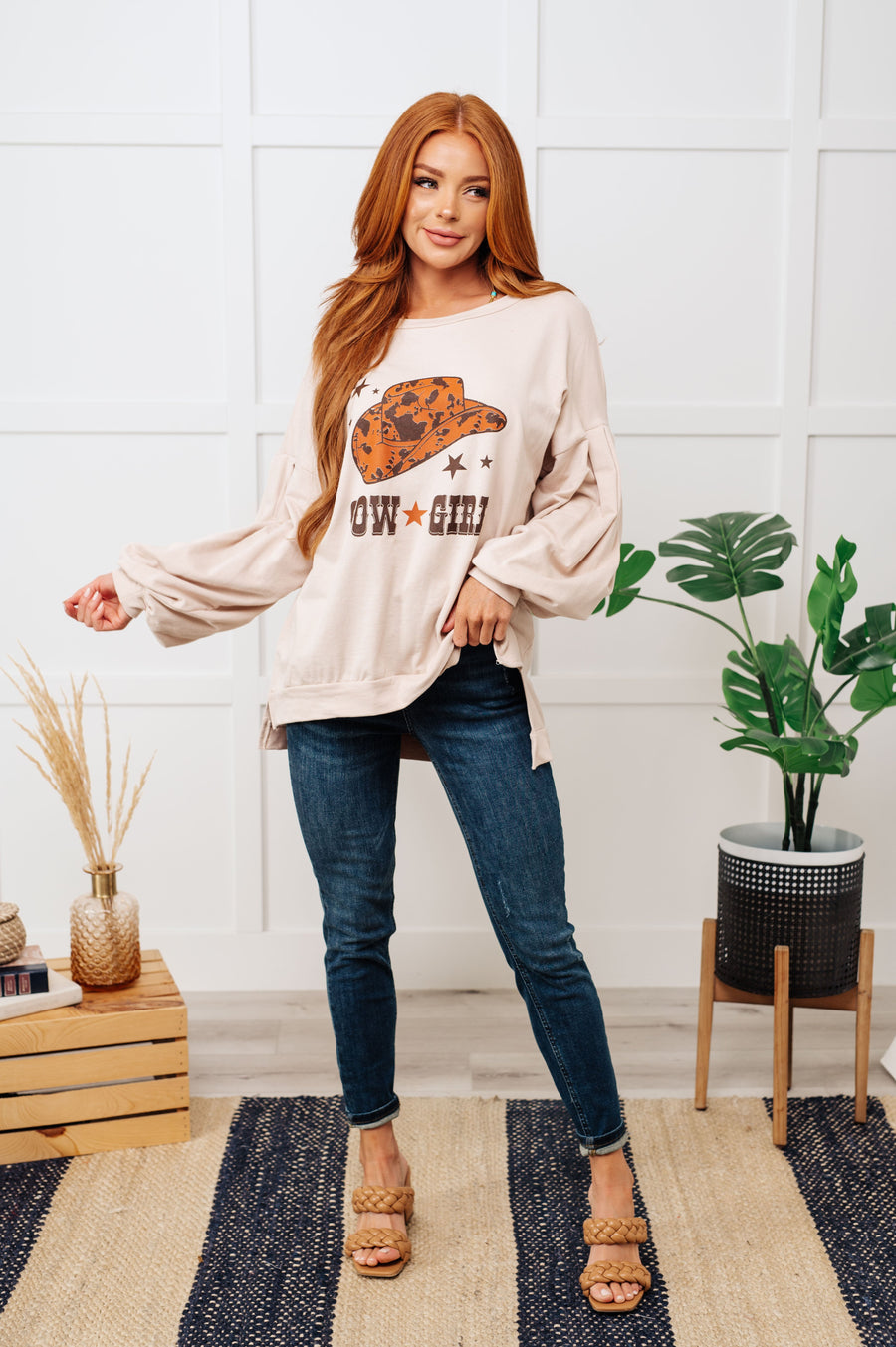 Cow Girl Graphic Pullover in Stone